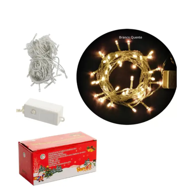 Cordao 100 Leds Warm Fio Transparente 8 Funcoes 8m 85202