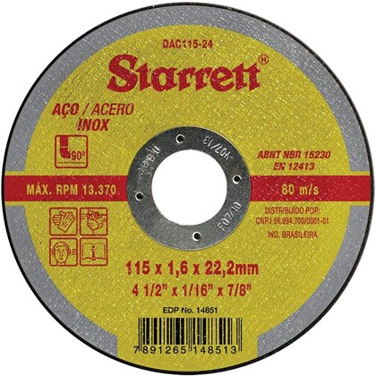 Disco Abrasivo Corte Starrett 115x1,6x22,2mm 4.1/2x1/16x7/8 Dac115-24