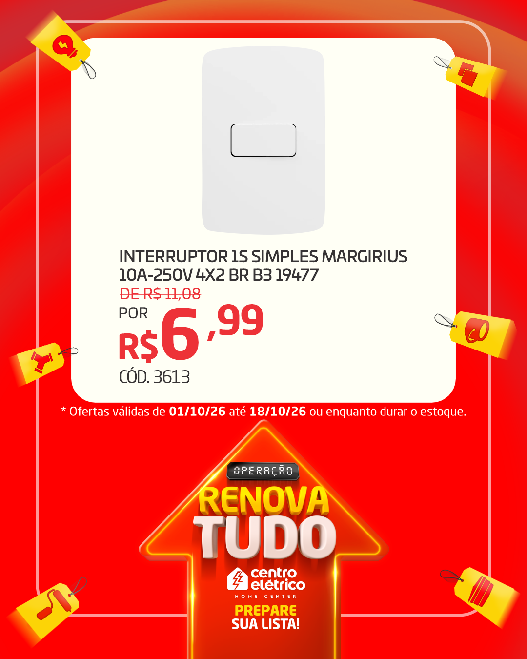 Interruptor 1S simples Margirius por R$ 6,99