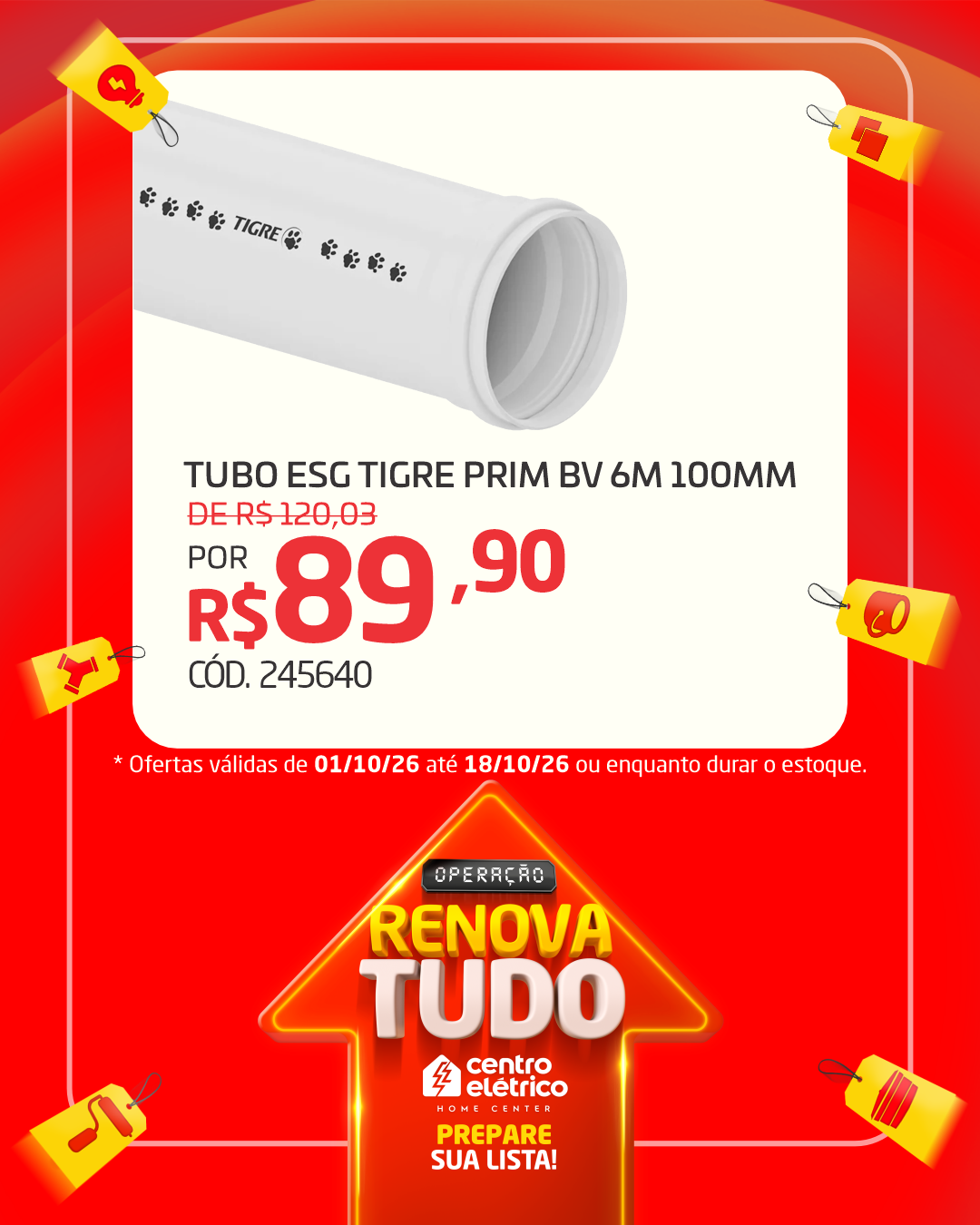 Tubo esgoto Tigre Prim BV 6m 100mm por R$ 89,90